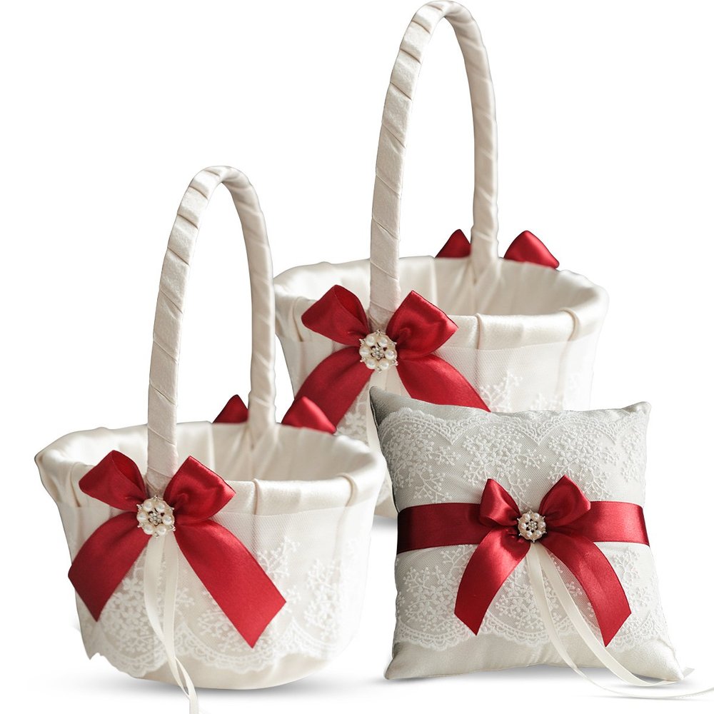 Alex Emotions Ivory Ring Bearer Pillow and Basket Set | Lace Collection | Flower Girl & Welcome Basket for Guest | Handmade Wedding Baskets & Pillows (Scarlet RED)