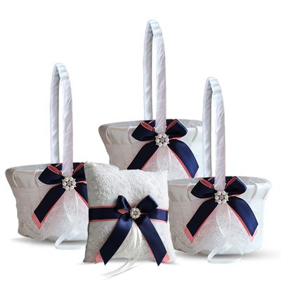 Alex Emotions Ivory Ring Bearer Pillow and Basket Set | Lace Collection | Flower Girl & Welcome Basket for Guest | Handmade Wedding Baskets & Pillows (Coral Navy Blue)