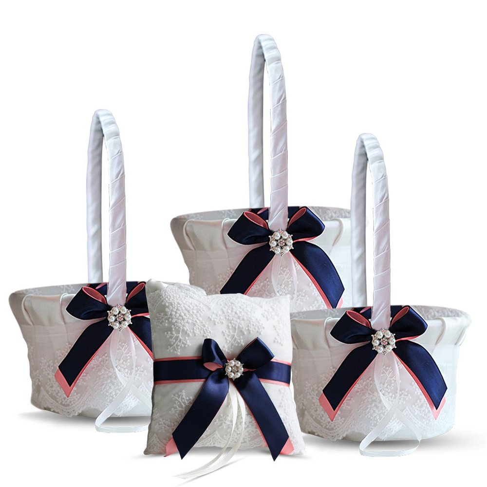 Alex Emotions Ivory Ring Bearer Pillow and Basket Set | Lace Collection | Flower Girl & Welcome Basket for Guest | Handmade Wedding Baskets & Pillows (Coral Navy Blue)