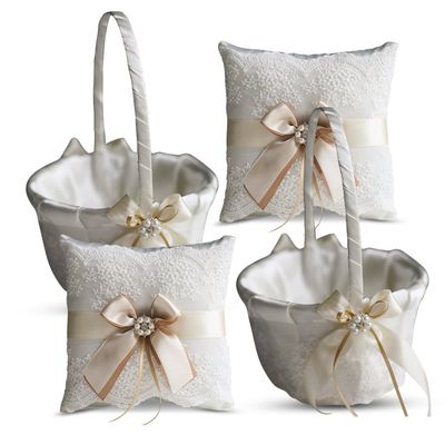Alex Emotions Ivory Ring Bearer Pillow and Basket Set | Lace Collection | Flower Girl & Welcome Basket for Guest | Handmade Wedding Baskets & Pillows (Champagne)