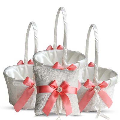 Alex Emotions Ivory Ring Bearer Pillow and Basket Set | Lace Collection | Flower Girl & Welcome Basket for Guest | Handmade Wedding Baskets & Pillows (Coral)