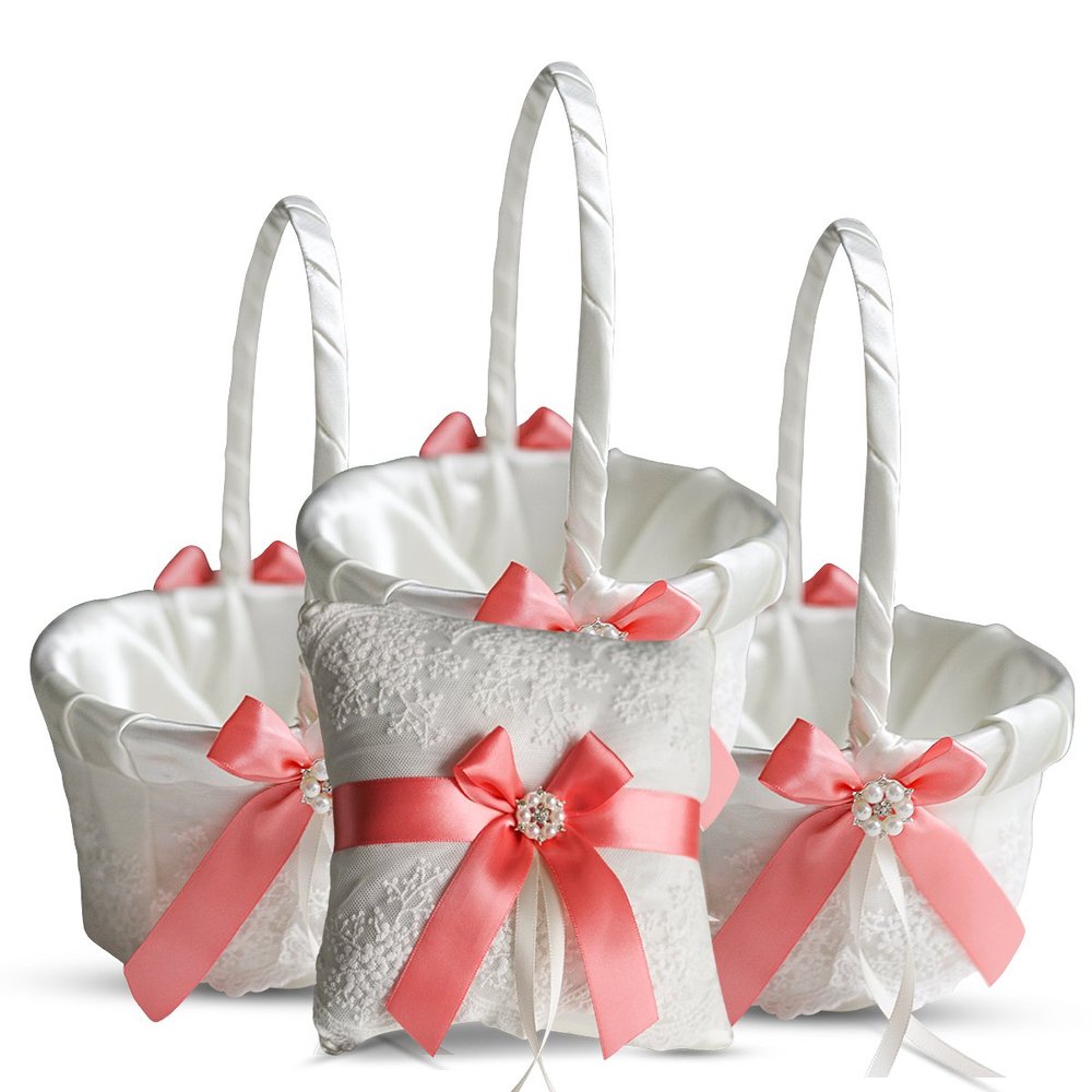 Alex Emotions Ivory Ring Bearer Pillow and Basket Set | Lace Collection | Flower Girl & Welcome Basket for Guest | Handmade Wedding Baskets & Pillows (Coral)