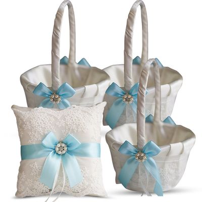 Alex Emotions Ivory Ring Bearer Pillow and Basket Set | Lace Collection | Flower Girl & Welcome Basket for Guest | Handmade Wedding Baskets & Pillows (Sky Blue)