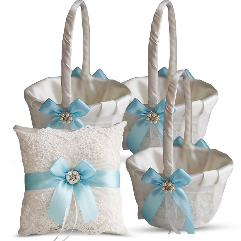 Alex Emotions Ivory Ring Bearer Pillow and Basket Set | Lace Collection | Flower Girl & Welcome Basket for Guest | Handmade Wedding Baskets & Pillows (Sky Blue)