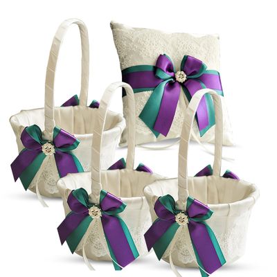 Alex Emotions Ivory Ring Bearer Pillow and Basket Set | Lace Collection | Flower Girl & Welcome Basket for Guest | Handmade Wedding Baskets & Pillows (Teal Purple)