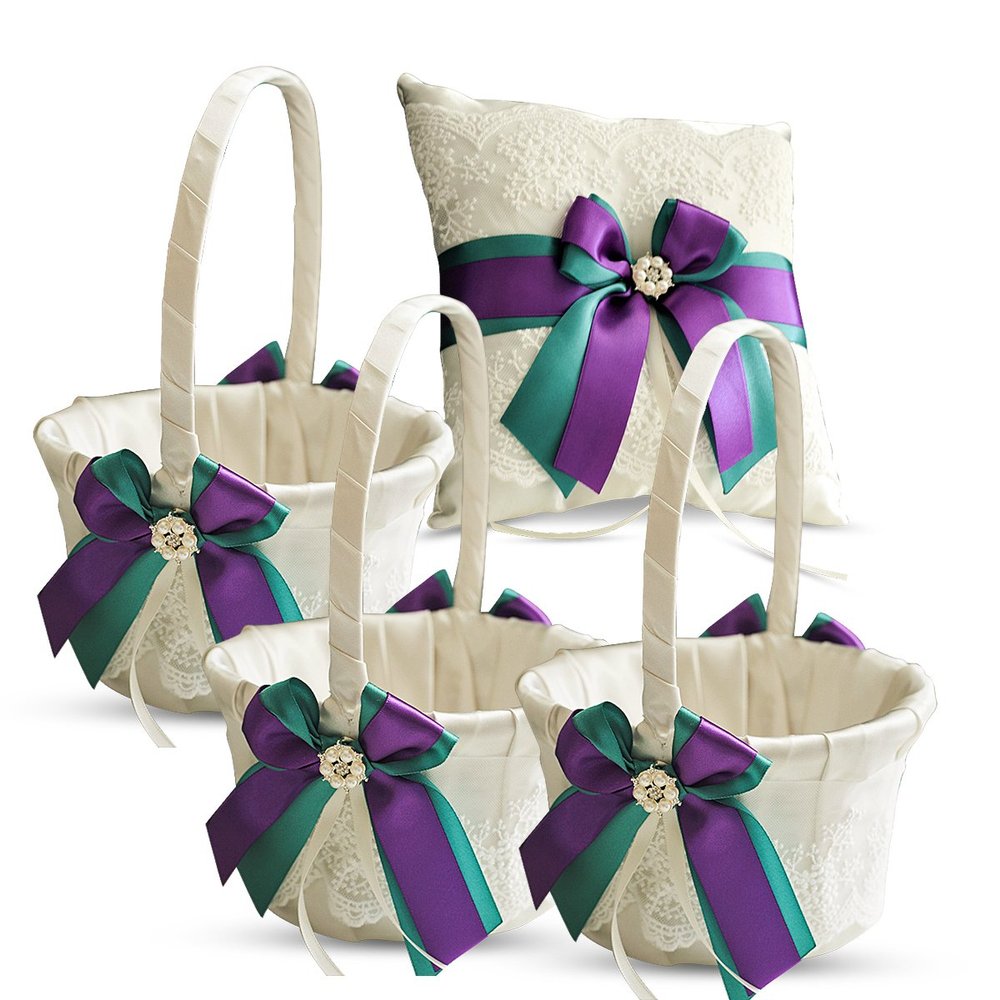 Alex Emotions Ivory Ring Bearer Pillow and Basket Set | Lace Collection | Flower Girl & Welcome Basket for Guest | Handmade Wedding Baskets & Pillows (Teal Purple)