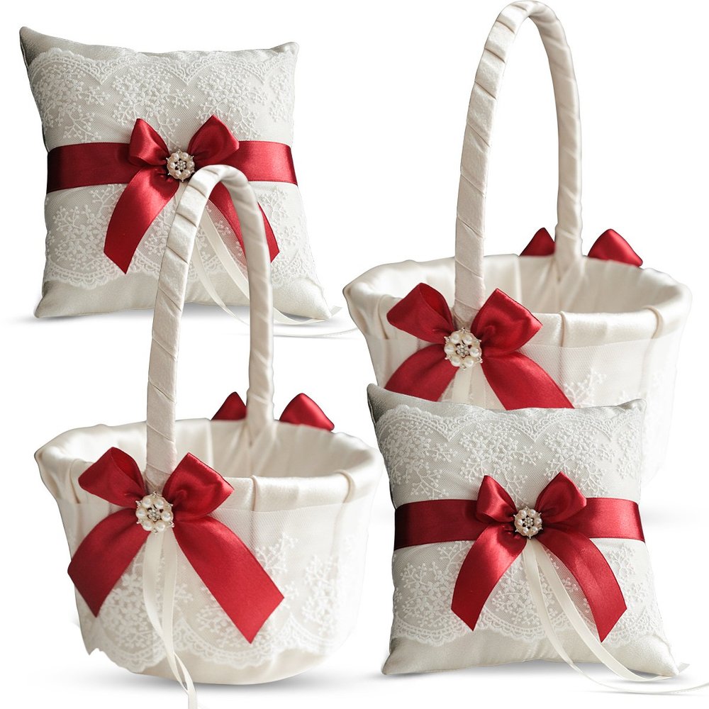 Alex Emotions Ivory Ring Bearer Pillow and Basket Set | Lace Collection | Flower Girl & Welcome Basket for Guest | Handmade Wedding Baskets & Pillows (Scarlet RED)
