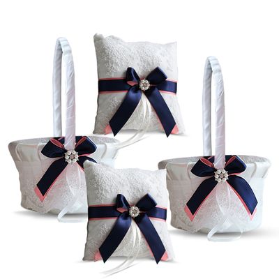 Alex Emotions Ivory Ring Bearer Pillow and Basket Set | Lace Collection | Flower Girl & Welcome Basket for Guest | Handmade Wedding Baskets & Pillows (Coral Navy Blue)