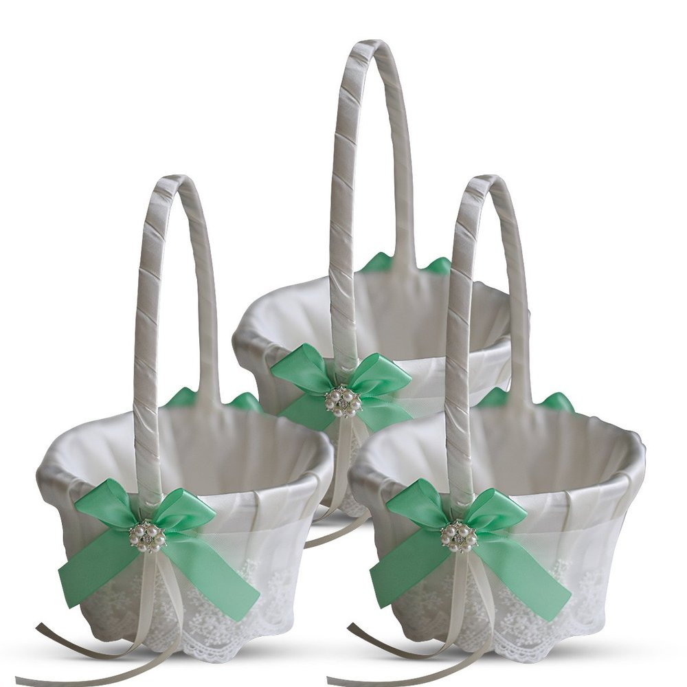 Alex Emotions Ivory Ring Bearer Pillow and Basket Set | Lace Collection | Flower Girl & Welcome Basket for Guest | Handmade Wedding Baskets & Pillows (Apple Green)