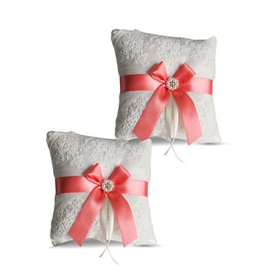 Alex Emotions Ivory Ring Bearer Pillow and Basket Set | Lace Collection | Flower Girl & Welcome Basket for Guest | Handmade Wedding Baskets & Pillows (Coral)