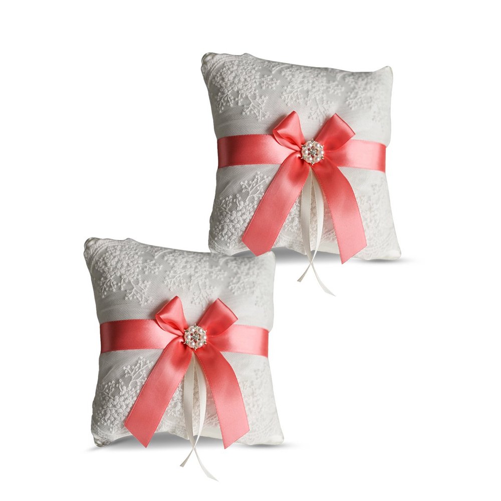 Alex Emotions Ivory Ring Bearer Pillow and Basket Set | Lace Collection | Flower Girl & Welcome Basket for Guest | Handmade Wedding Baskets & Pillows (Coral)