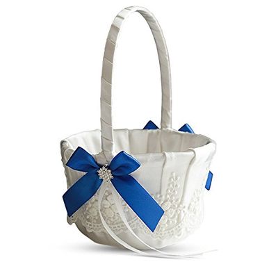 Alex Emotions Ivory Ring Bearer Pillow and Basket Set | Lace Collection | Flower Girl & Welcome Basket for Guest | Handmade Wedding Baskets & Pillows (Royal Blue)