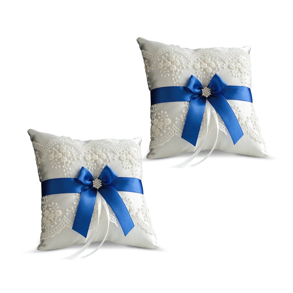 Alex Emotions Ivory Ring Bearer Pillow and Basket Set | Lace Collection | Flower Girl & Welcome Basket for Guest | Handmade Wedding Baskets & Pillows (Royal Blue)