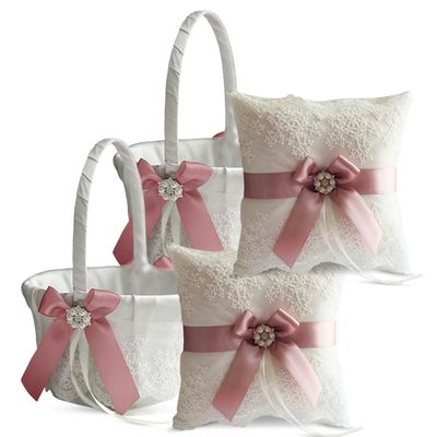 Alex Emotions Ivory Ring Bearer Pillow and Basket Set | Lace Collection | Flower Girl & Welcome Basket for Guest | Handmade Wedding Baskets & Pillows (Mauve)