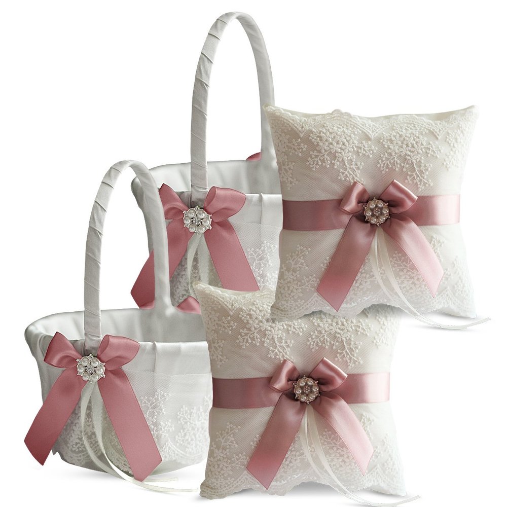 Alex Emotions Ivory Ring Bearer Pillow and Basket Set | Lace Collection | Flower Girl & Welcome Basket for Guest | Handmade Wedding Baskets & Pillows (Mauve)