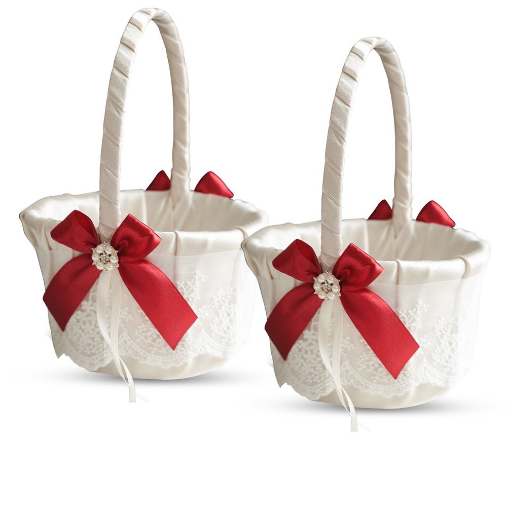 Alex Emotions Ivory Ring Bearer Pillow and Basket Set | Lace Collection | Flower Girl & Welcome Basket for Guest | Handmade Wedding Baskets & Pillows (Scarlet RED)
