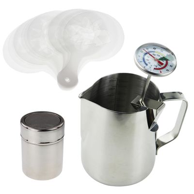 Barista Kit Includes Milk Thermometer, 600ml Jug, Cocoa Shaker and 16pc Stencil Set - Ideal For Coffee Latte Cappuccino Mocha