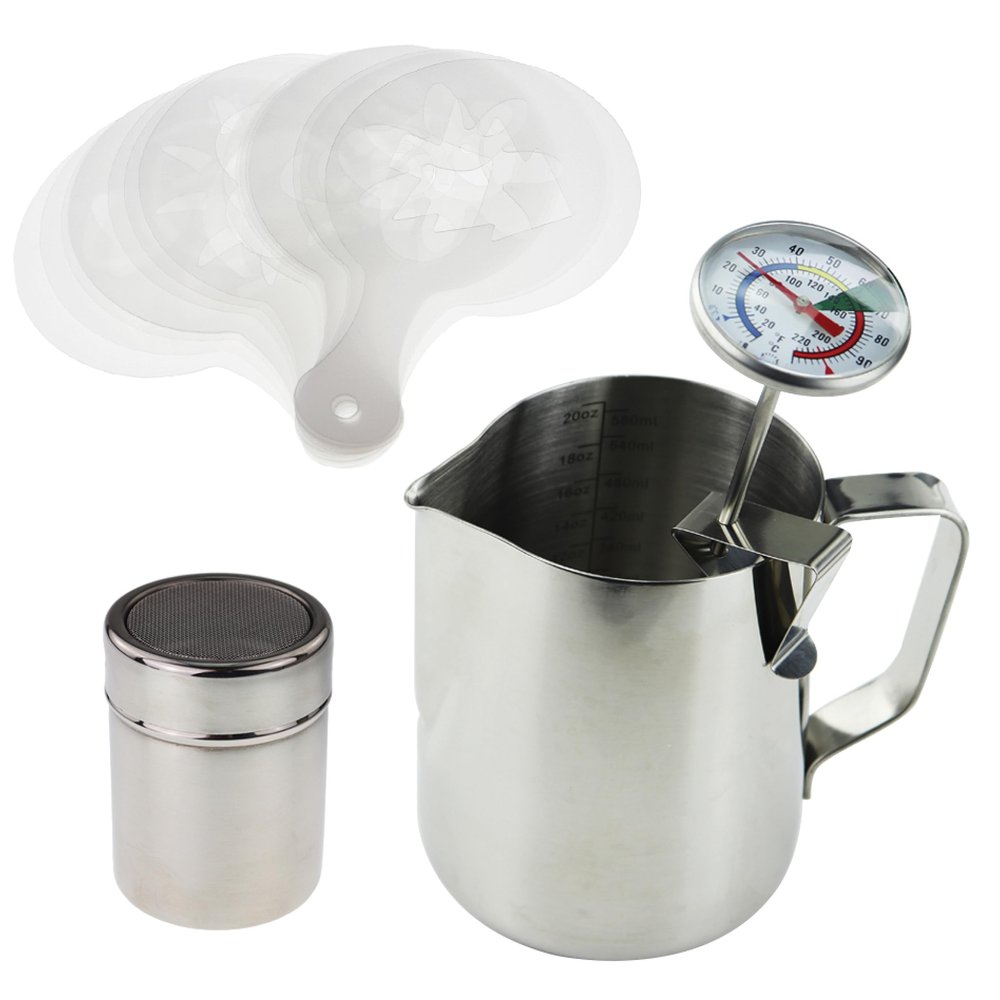 Barista Kit Includes Milk Thermometer, 600ml Jug, Cocoa Shaker and 16pc Stencil Set - Ideal For Coffee Latte Cappuccino Mocha