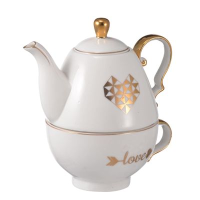 A&B Home White and Gold Heart Teapot and Cup Set