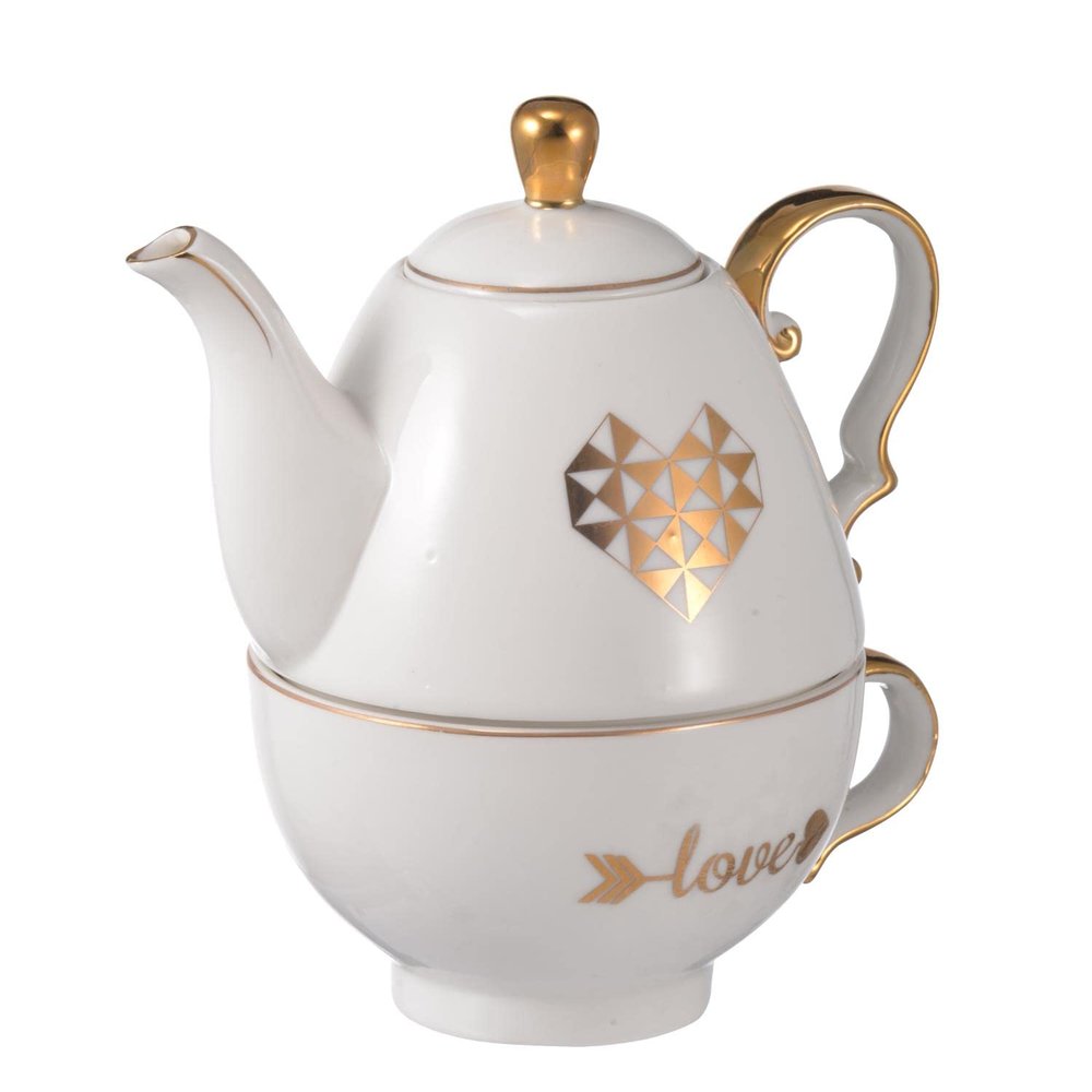 A&B Home White and Gold Heart Teapot and Cup Set