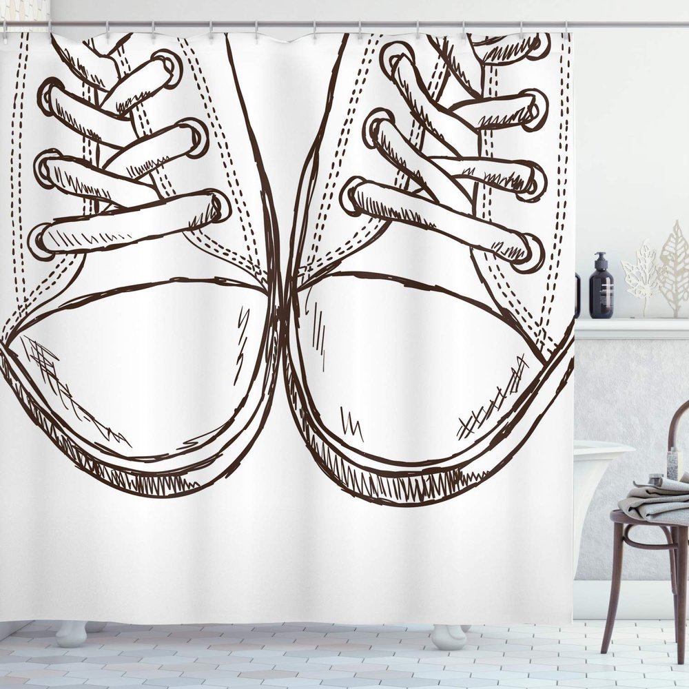 Ambesonne Hipster Shower Curtain, Sneakers in Hand Drawing Style Casual Footwear Teenager Urban Lifestyle Theme, Cloth Fabric Bathroom Decor Set with Hooks, 69" W x 84" L, Dark Brown White