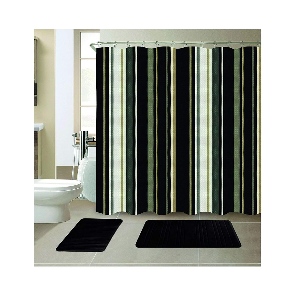 All American Collection 15-Piece Bathroom Set with 2 Memory Foam Bath Mats and Matching Shower Curtain | Designer Patterns and Colors