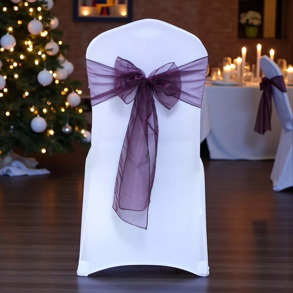 MDS Pack of 150 PCS Organza Chair Sashes Wider Dining Chair Bows Ribbon Tie Back for Wedding Party Birthday Bridal Shower Reception Event Banquet Home Chair Cover Decoration - Plum