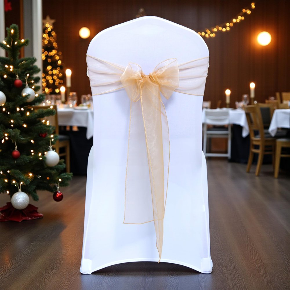 MDS Pack of 125 Organza Chair Sashes Wide Sheer Chair Bows Ribbon Tie Back for Christmas Party, Holiday Dinner, Thanksgiving, Harvest Dinner, Banquet, Reception, New Year Decoration - Champagne Gold