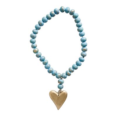 Creative Co-Op Aqua Mango Wood Bead Strand with Gold Heart Pendant