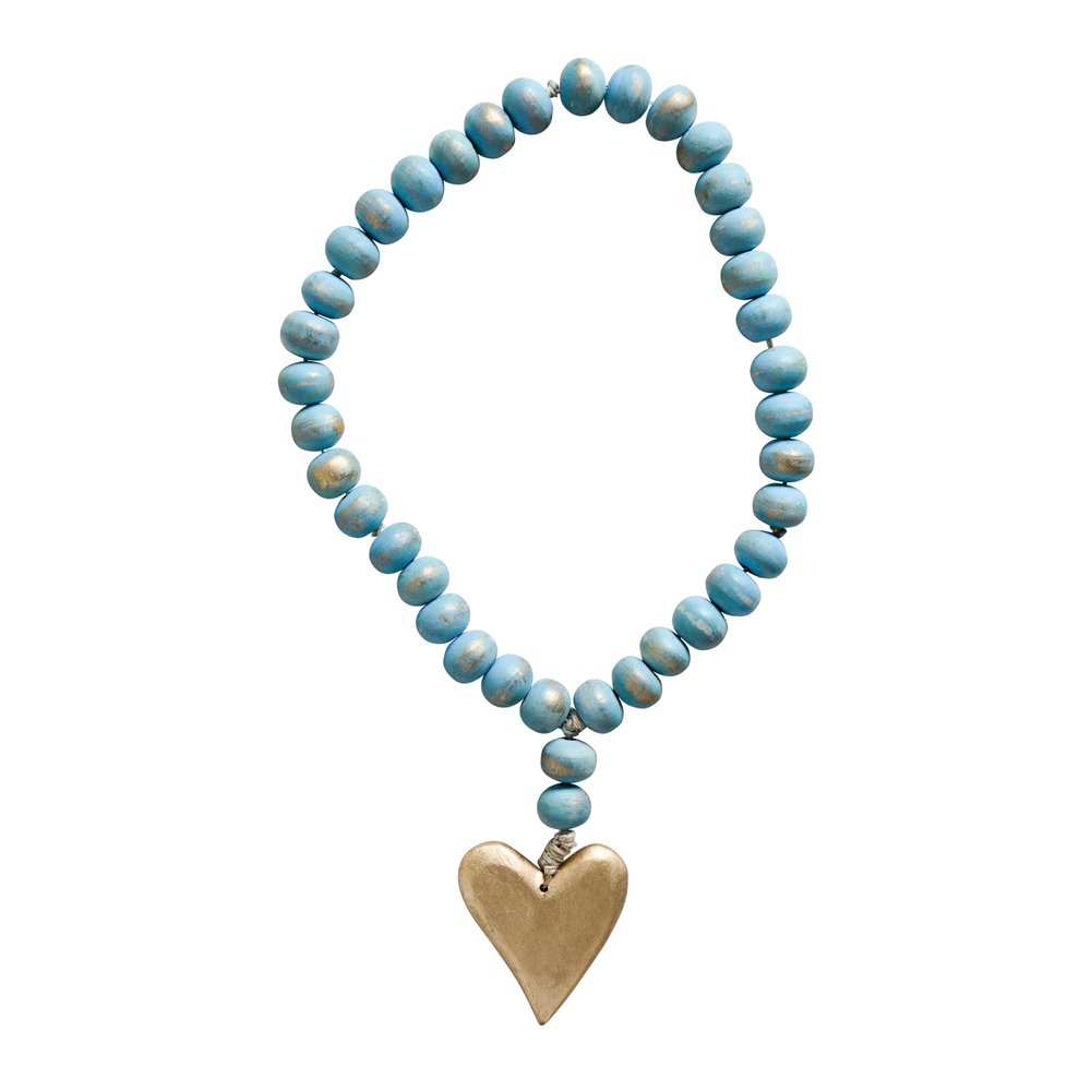 Creative Co-Op Aqua Mango Wood Bead Strand with Gold Heart Pendant