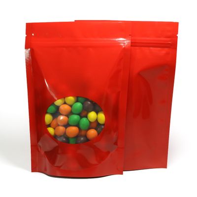 QQ Studio Pack of 100 Glossy Colored Mylar Foil Stand-Up Zip Seal Bags w/Clear Round Window (Glossy Red, 4.7 inches x 7.1 inches)