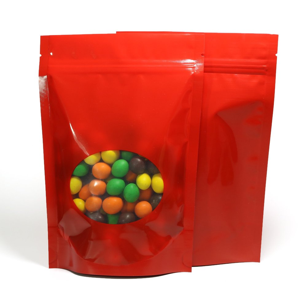 QQ Studio Pack of 100 Glossy Colored Mylar Foil Stand-Up Zip Seal Bags w/Clear Round Window (Glossy Red, 4.7 inches x 7.1 inches)