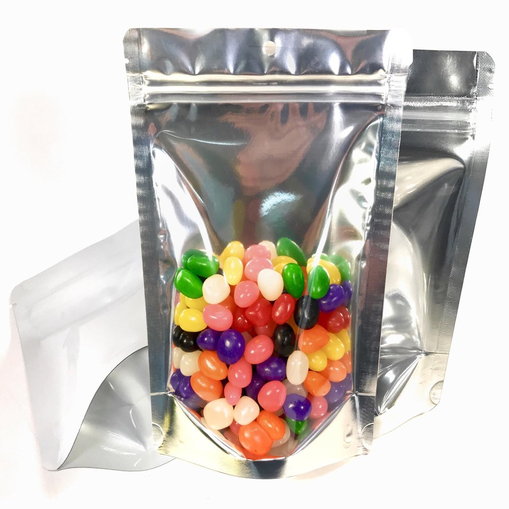 Smell Proof Mylar Food Storage Bag (50 Pack) 1 Ounce Clear Front Heavy Duty Ziplock 6x9x3 Inch Stand Up Leak Proof Foil Pouch w Hang Hole. Heat Sealable with Iron.