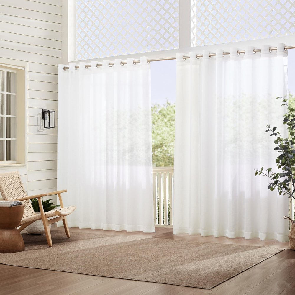 Elrene Home Fashions Carmen Sheer Extra-Wide Weatherproof Indoor/Outdoor Grommet Top Curtain Panel with Coordinating Tieback for Porch, Pergola, Patio, Deck, 114W x 95L, White