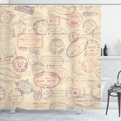 Ambesonne Vintage Shower Curtain, Retro Design Inspired Postage Illustration Beige Background Antique Stamps, Cloth Fabric Bathroom Decor Set with Hooks, 69" W x 70" L, Beige Mauve