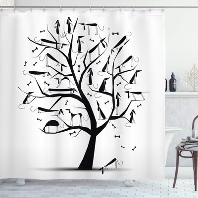 Ambesonne Abstract Shower Curtain, Monochrome Autumn Season Tree with Dog Silhouettes on The Branches Dachshund, Cloth Fabric Bathroom Decor Set with Hooks, 69" W x 75" L, White Black