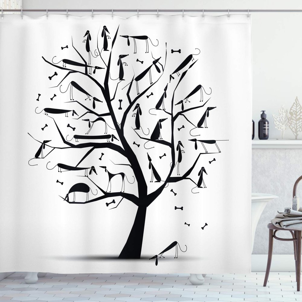 Ambesonne Abstract Shower Curtain, Monochrome Autumn Season Tree with Dog Silhouettes on The Branches Dachshund, Cloth Fabric Bathroom Decor Set with Hooks, 69" W x 75" L, White Black