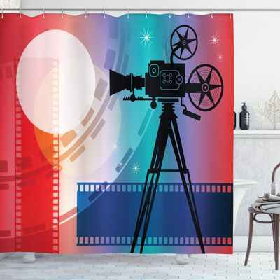Ambesonne Cinema Shower Curtain, Colorful Projector Silhouette with Movie Reel Vintage Design Entertainment Theme, Cloth Fabric Bathroom Decor Set with Hooks, 69" W x 75" L, Blue Coral