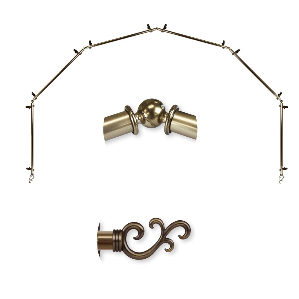 A&F Rod Dcor - Wave 13/16" 6-Sided Bay Window Curtain Rod 28-48 inch (each side) - Antique Brass