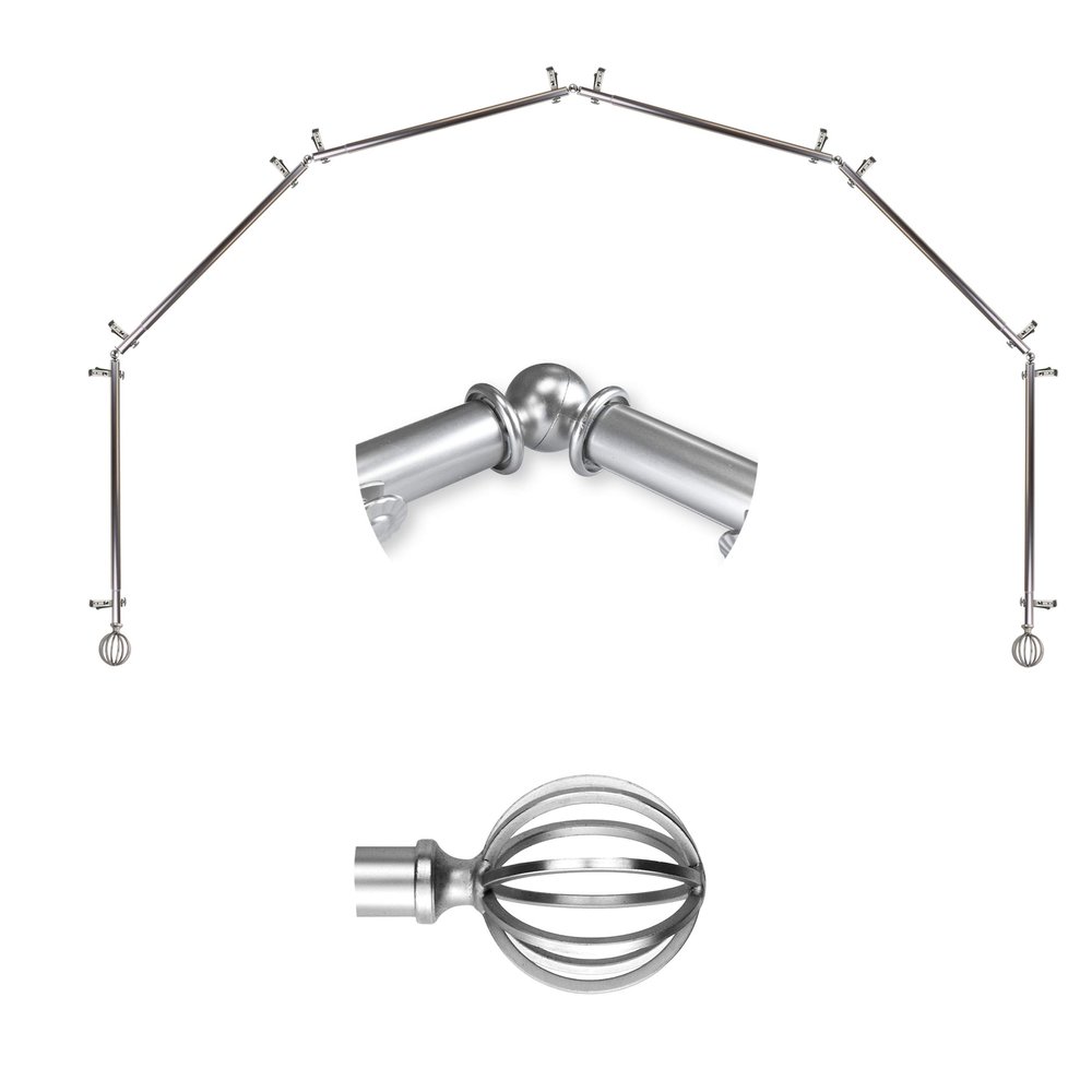 A&F Rod Dcor - Wire Ball 13/16" 6-Sided Bay Window Curtain Rod 28-48 inch (each side) - Satin Nickel
