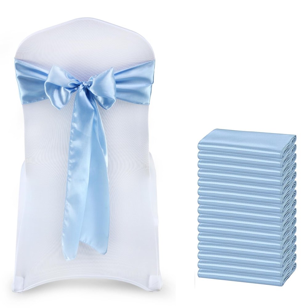 VDS Satin Chair Sashes Chair Cover Back Tie Sateen Bows Ribbon for Wedding Birthday Graduation Engagement Ceremony Event Party Banquet Venue Hotel All Dining Chair Decoration (100PC) (Baby Blue)