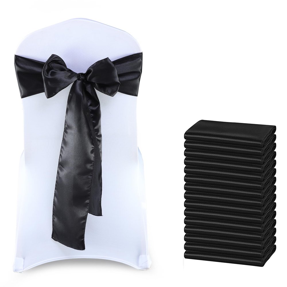 VDS Satin Chair Sashes Chair Cover Back Tie Sateen Bows Ribbon for Wedding Birthday Graduation Engagement Ceremony Event Party Banquet Venue Hotel All Dining Chair Decoration (100PC) (Black)