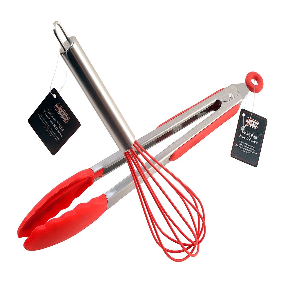 12" Cooking Tongs, Silicone Tips and Locking Head - Stainless Steel & Silicone Whisk for Blending, Beating & Stirring - Dishwasher Safe - Heat Resistant up to 428F. By Ai-De-Chef (2-Pack, Red)