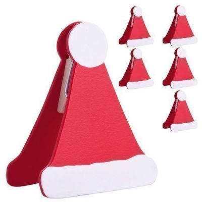 eBuyGB Christmas Santa Hat Card Name Holder, Wood, Multi-Colour, Pack of 6