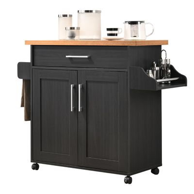 Hodedah Rolling Wood Kitchen Island Cart with Spice Rack, Towel Rack, Utensil Drawer plus Cabinet, White with Beech Top