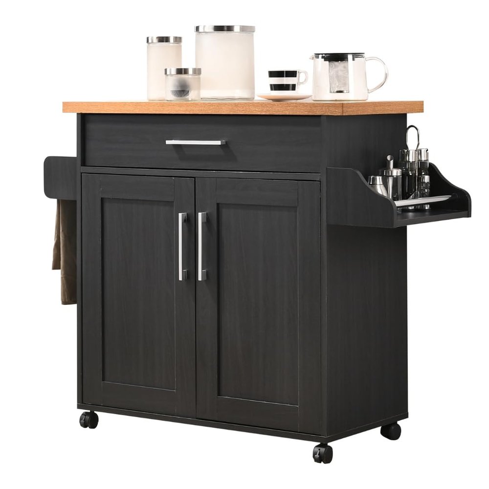 Hodedah Rolling Wood Kitchen Island Cart with Spice Rack, Towel Rack, Utensil Drawer plus Cabinet, White with Beech Top