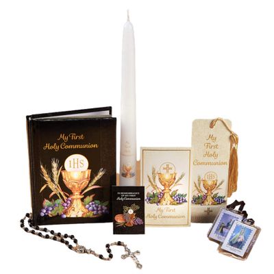 My First Holy Communion Gift Set Bread of Life Deluxe Boxed Gift Set for Boys, Scapular, Rosary, Lapel Pin, Bookmark, Candle and Book, 7 Pieces