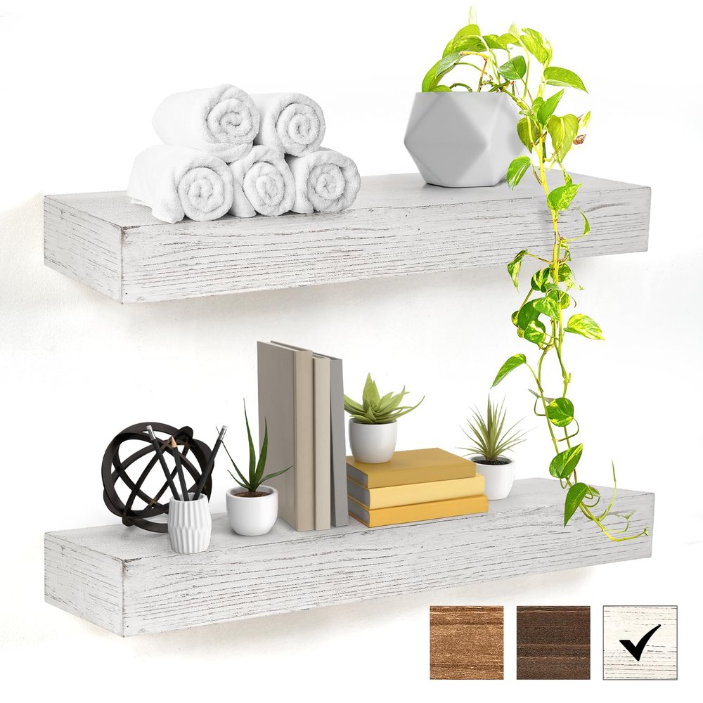 American Art Decor Floating Wall Shelf - Rustic Decor Shelves for Living Room, Bedroom, Kitchen, & Laundry Room - Farmhouse Wall Shelves (White, 3.25x24.25 x 8.25)