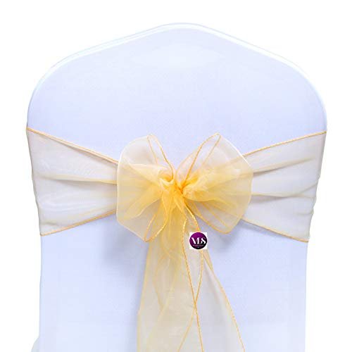 VDS Pack of 125 Organza Chair Sashes for Weddings & Events Dcor | Sheer Shiny Dining Chair Bows for Banquet, Party, Reception | Reusable Decorative Sash for Folding & Chiavari Chairs - Gold
