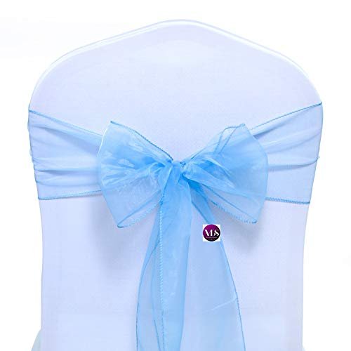 VDS Pack of 200 Organza Chair Sashes for Weddings & Events Dcor | Sheer Shiny Dining Chair Bows for Banquet, Party, Reception | Reusable Decorative Sash for Folding & Chiavari Chairs - Baby Blue
